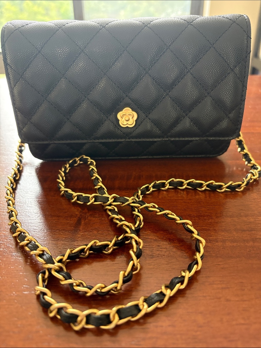 Quilted Black Leather Chain Crossbody Bag with Gold Hardware